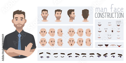 Business man avatar creation  suitable for animation. Generator, constructor of diverse views of eyes, lips, emotion expressions mouth animation and lip sync. Male character face construction. 