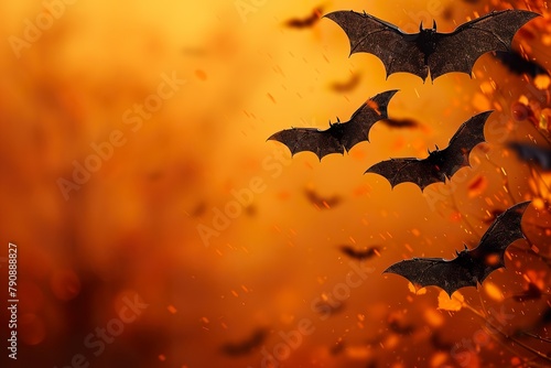 Black bats on orange background with copy space for Halloween photo