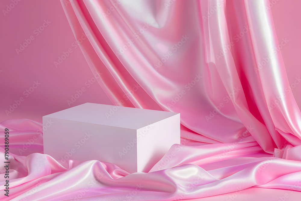 White rectangular pedestal on a pink satin fabric background with copy space. Product display platform mockup with a luxury and fashion concept. High quality photo White rectangular pedestal on a pink satin fabric background with copy space. Product display platform mockup with a luxury and fashion concept. High quality photo
