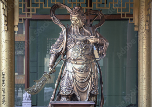 Statue of Sangharama Bodhisattva (Buddhist deity) or The Chinese general Guan Yu, the representation of a Sangharama deity at Fo Guang Shan Thaihua Temple, Mahayana buddhist Taiwanese temple.