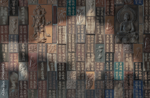Chinese lettering teachings and Carved buddha images into a slab of colored tiles on temple wall of Fo Guang Shan Thaihua Temple. Taiwanese temple style, Space for text, Selective focus.