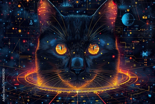 cartoon illustration of a detailed HUD map circling a planet with a cat face circled for childrens book photo