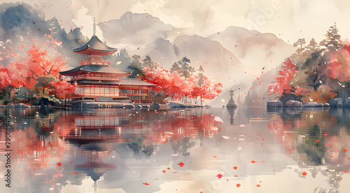 Pagoda Paradiso: Butterflies Dance in Zen Garden Amidst Cherry Blossoms