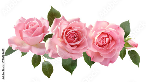 Light pink rose flowers and leaves isolated on white background. Clip art image.