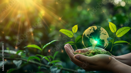 Hand-holding plants on earth with bright green grass bokeh background Renewable energy concept Earth Day protects the environment, and forests that grow on the ground and helps save the planet.