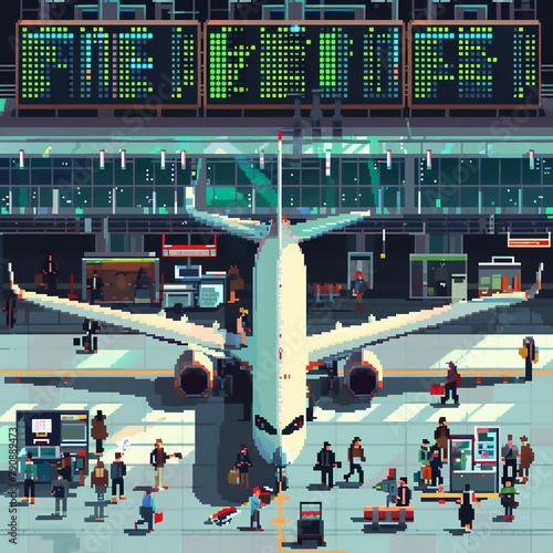 A bustling pixel art airport terminal with travelers and planes. photo