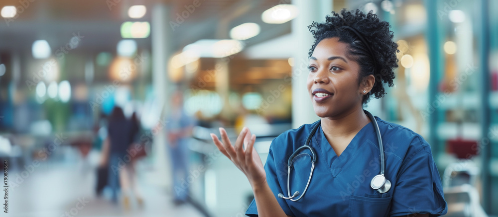 Fototapeta premium Portrait of a smiling female nurse in a hospital room