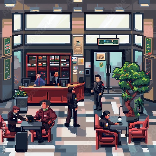 A busy pixel art bank with customers and security guards.