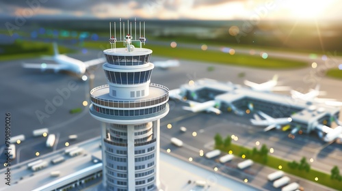 Control tower at the airport with many airplanes on the runway