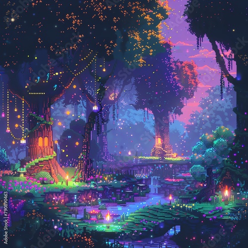 A magical pixel forest with glowing trees and mythical creatures.