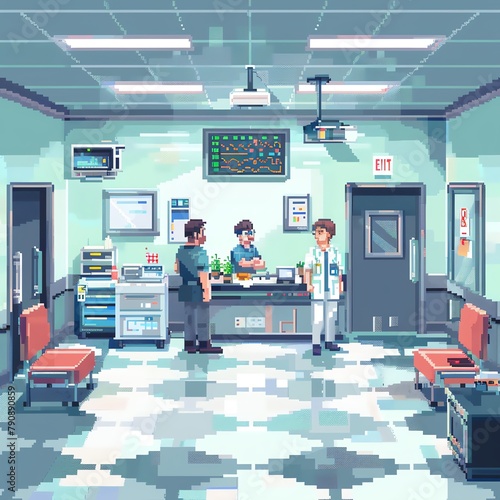 A pixel art hospital with doctors and patients.