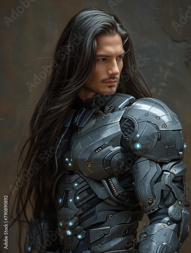 Humanoid cyborg with long black hair, muscular armor