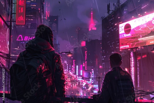 Cyber city scene with two people standing in the rain photo