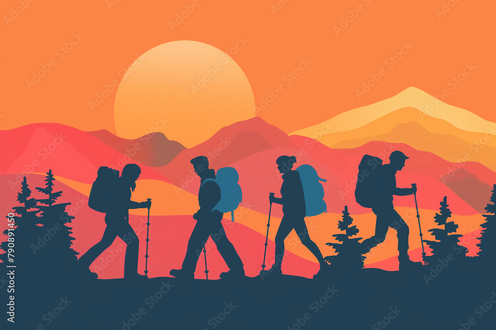 Happy tourist with backpack standing on the background of forest and mountains The concept of healthy outdoor activities Cartoon vector illustration.