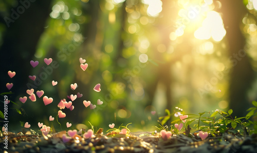 summer in nature with sunshine and bokeh hearts
