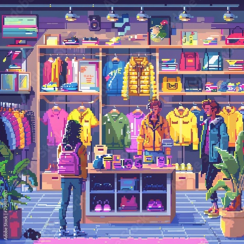 A vibrant pixel art fashion boutique with shoppers and trendy outfits.