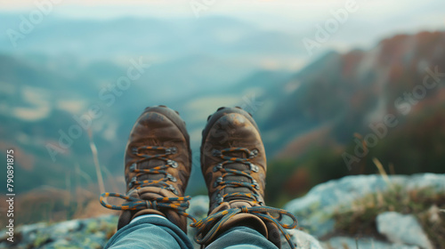 View of boots, walkers, nature travel, travelers, relaxing with nature.