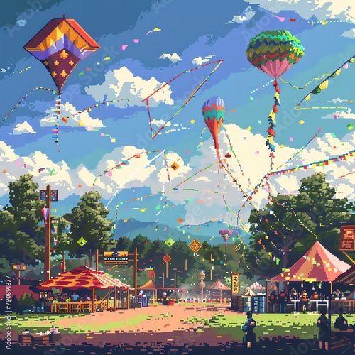 A vibrant pixel art kite festival with colorful kites in the sky.