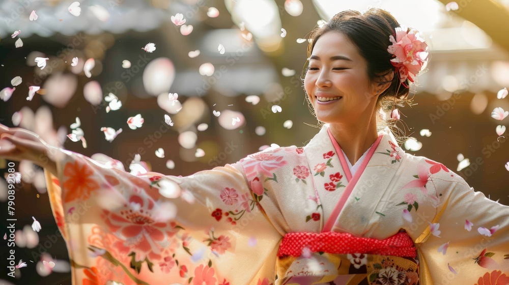 Joyful Asian woman dancing under sakura petals in her exquisite kimono Joyful Asian woman dancing under sakura petals in her exquisite kimono