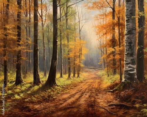 Panoramic view of a path in the autumn forest. Landscape. © Iman
