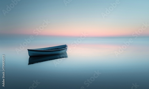beautiful calm sunset with old boat on the lake