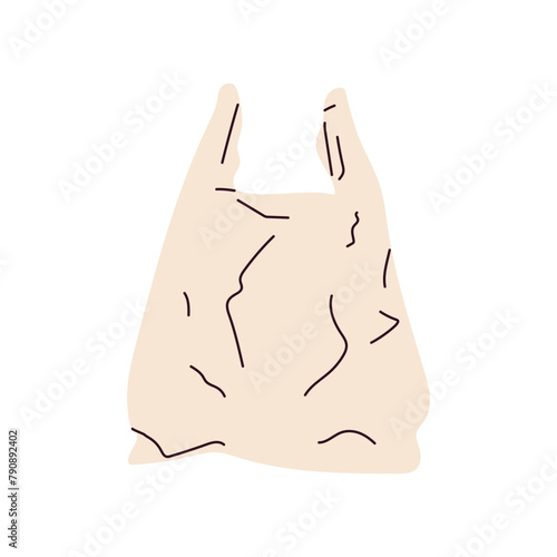 Plastic waste bag with handles, compressed crumpled shopping bag, disposable cellophane polythene grocery package, used wrinkled rumpled polyethylene bag, empty creased bag flat vector illustration.