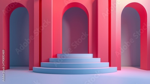 An abstract 3D illustration showcasing a series of arches in red and blue tones with central steps leading to a platform, invoking a sense of progression © Super Shanoom