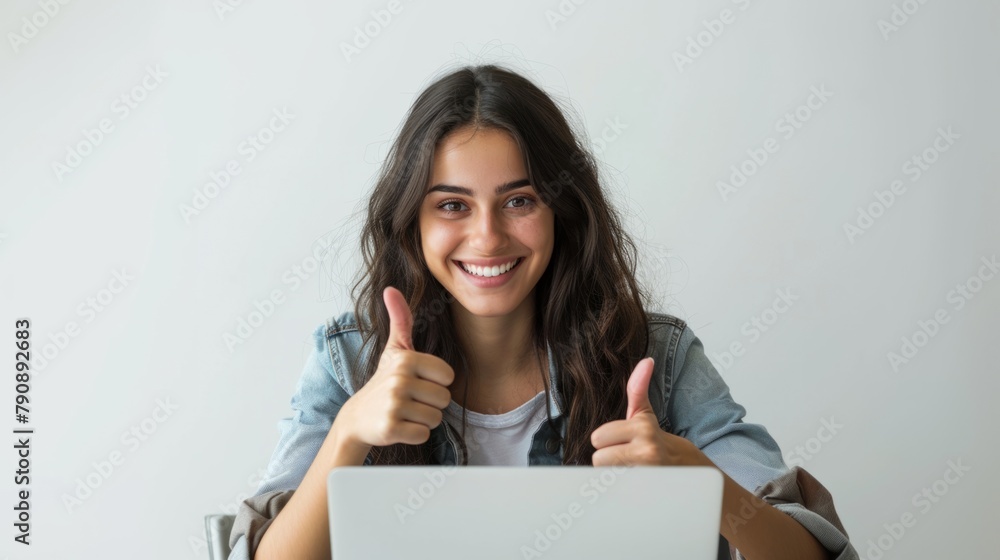 Happy smiling girl waking up with macbook laptop sitting at office desk black hair Happy smiling girl waking up with macbook laptop sitting at office desk black hair