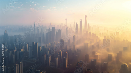 An urban skyline shrouded in smog and haze, illustrating the consequences of air pollution on cities. #790893401
