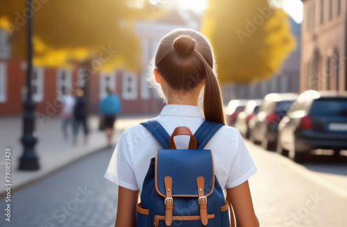 A girl with a ponytail and a backpack behind her back goes to school, rear view. Getting an education photo