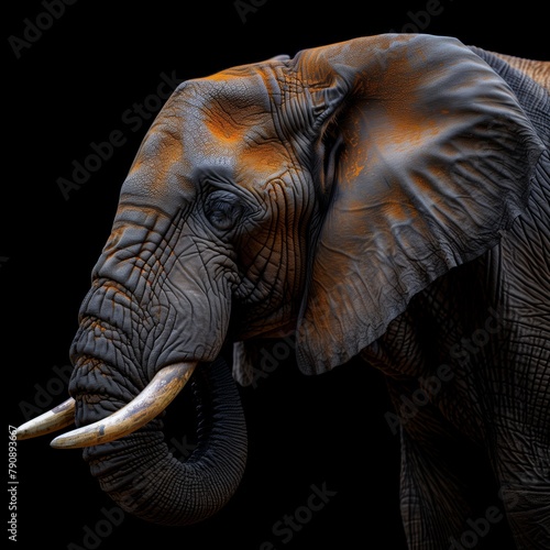 Elephant in profile on solid black background