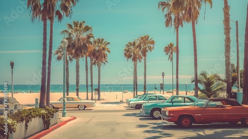 Vintage Coastal Boardwalk with Palm Trees and Classic Cars Lining Sandy Beach © pkproject