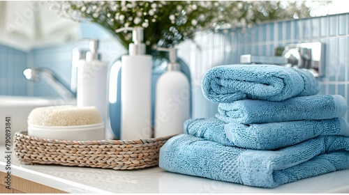 Serene Bathroom Oasis with Neatly Organized Towels and Toiletries,Inviting Atmosphere of Cleanliness and Wellness