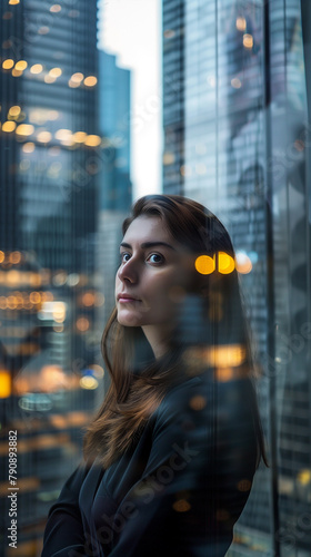 A businesswoman gazes intently through the window. The background consists of a blurred cityscape with multiple skyscrapers. Copy space