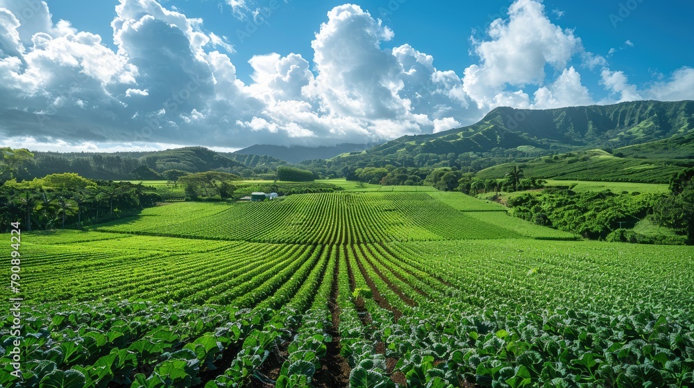 A panoramic view of a lush green farm field with rows of organic crops