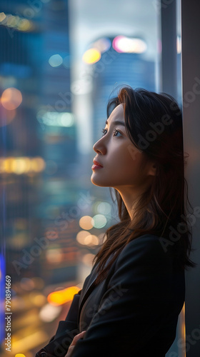A businesswoman gazes intently through the window. The background consists of a blurred cityscape with multiple skyscrapers. Copy space
