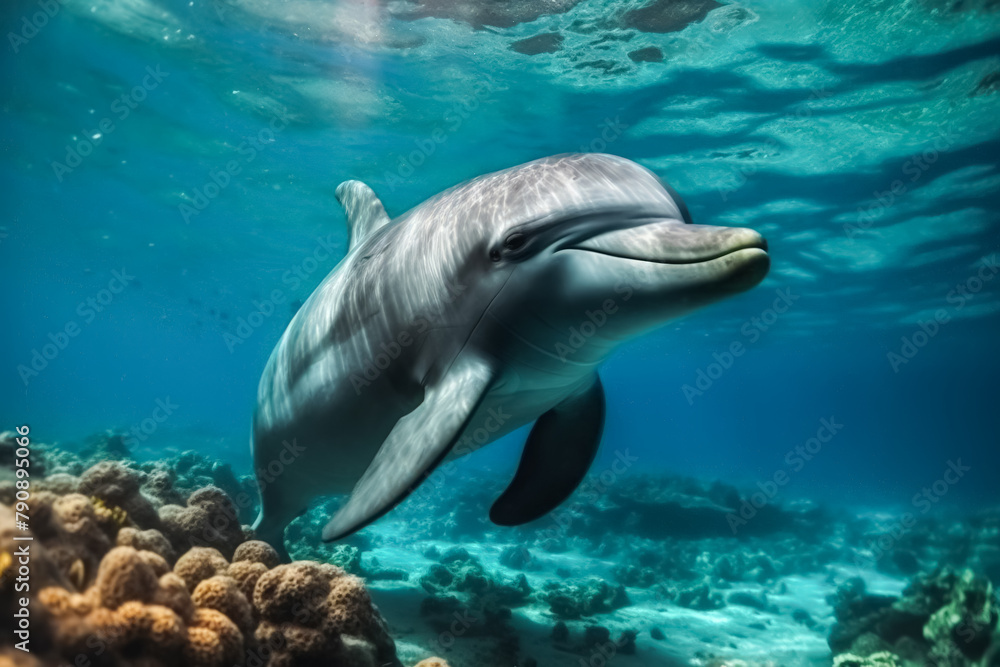 Obraz premium A dolphin is swimming in the ocean next to some coral. The dolphin is smiling and he is enjoying its time in the water