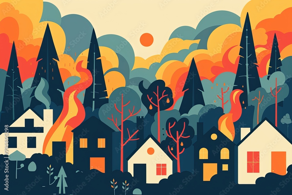 Artistic depiction of houses at the edge of a forest threatened by a raging wildfire, emphasizing nature's unpredictable force. - obrazy, fototapety, plakaty 
