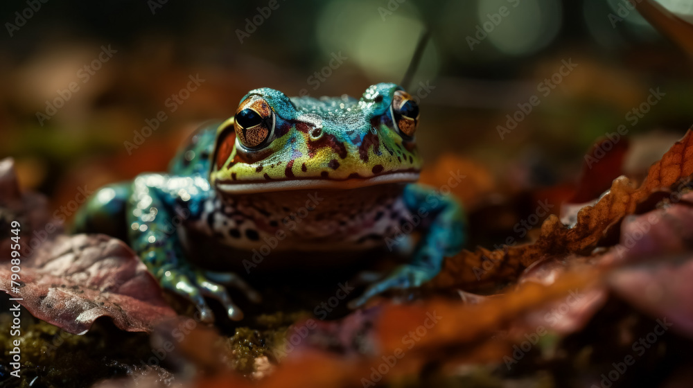 A frog is sitting on a leafy surface. The frog is green and brown in color. The frog has a yellow spot on its face A frog is sitting on a leafy surface. The frog is green and brown in color. The frog has a yellow spot on its face
