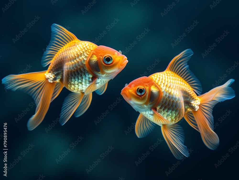 Two gold fish swimming, solid black background Two gold fish swimming, solid black background