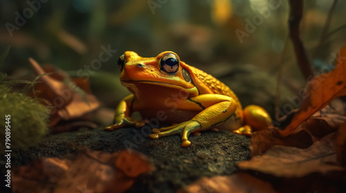 A frog is sitting on a leafy surface. The frog is green and brown in color. The frog has a yellow spot on its face