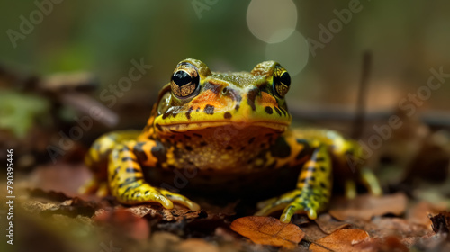 A frog is sitting on a leafy surface. The frog is green and brown in color. The frog has a yellow spot on its face