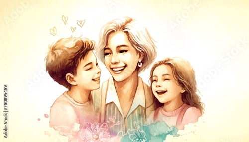 Watercolor style illustration for mother's day with a smiling mother and two joyful children.