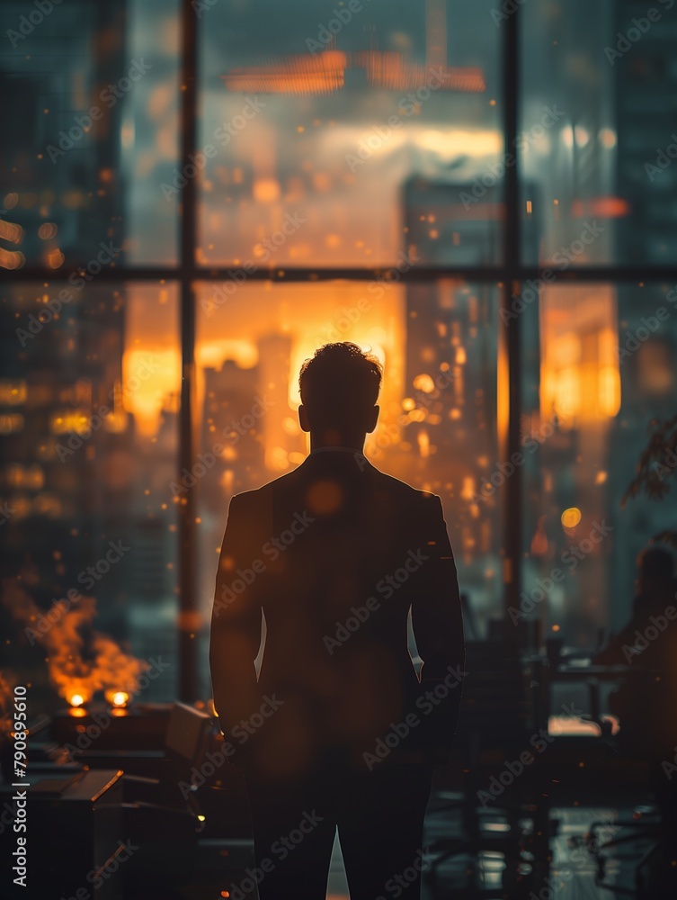Silhouette of a businessman in modern office environment with blurred figures, light leaks