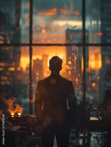 Silhouette of a businessman in modern office environment with blurred figures, light leaks