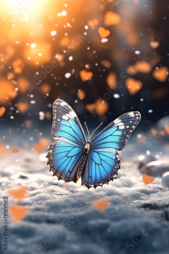 A blue butterfly is flying over a snowy landscape with hearts scattered around it. Concept of peace and tranquility, as the butterfly represents freedom and the snow symbolizes a serene © Людмила Мазур