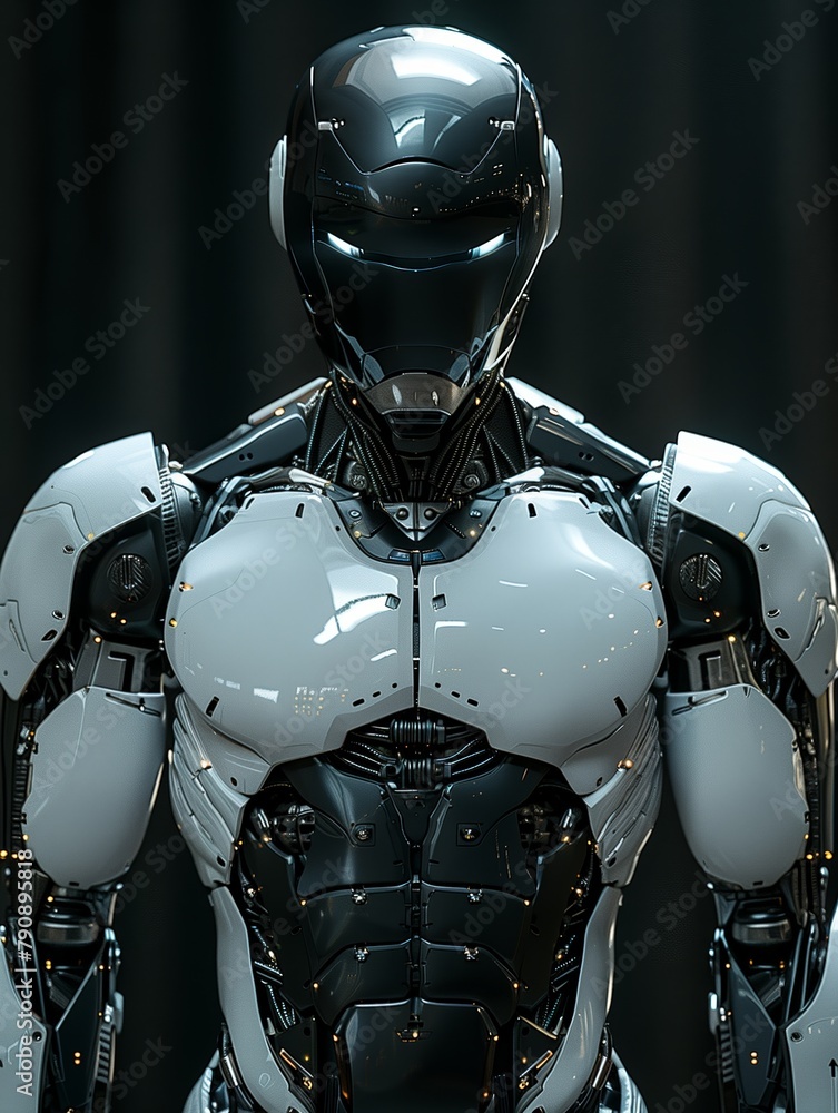 Robot like bodybuilder from future, security bot, futuristic features