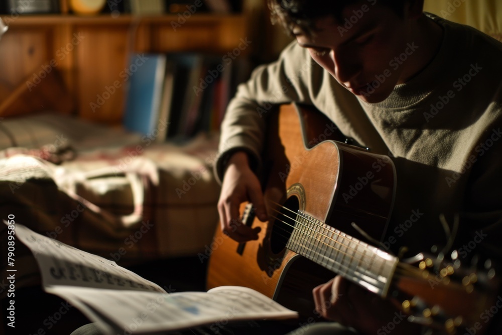 Obraz premium Someone is playing a guitar in a dark room with a bed