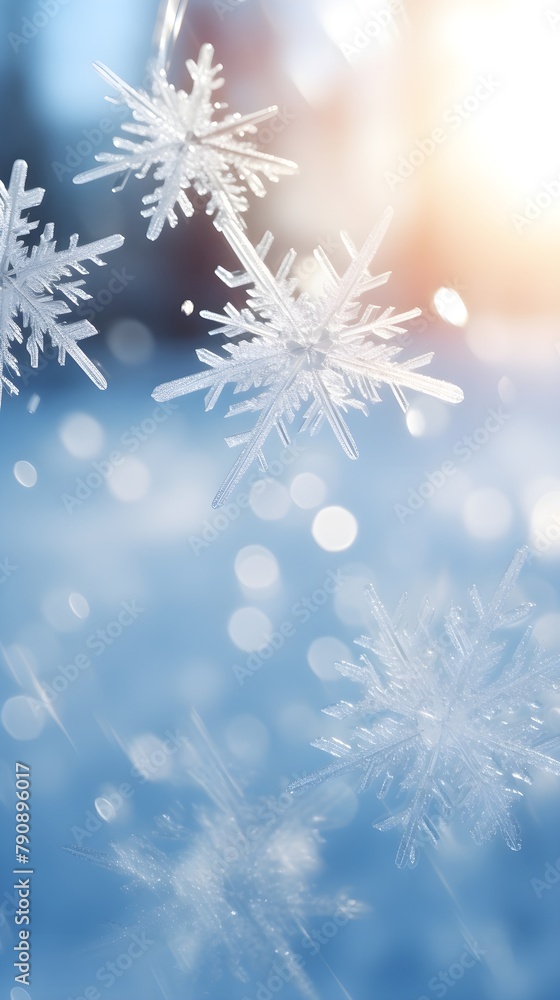 White snowflakes sparkle in the sunlight, track photography, abstract expressionism, 4K, high resolution, low view, detailed light and shadow, cinematic banner wallpaper Merry Christmas holiday theme