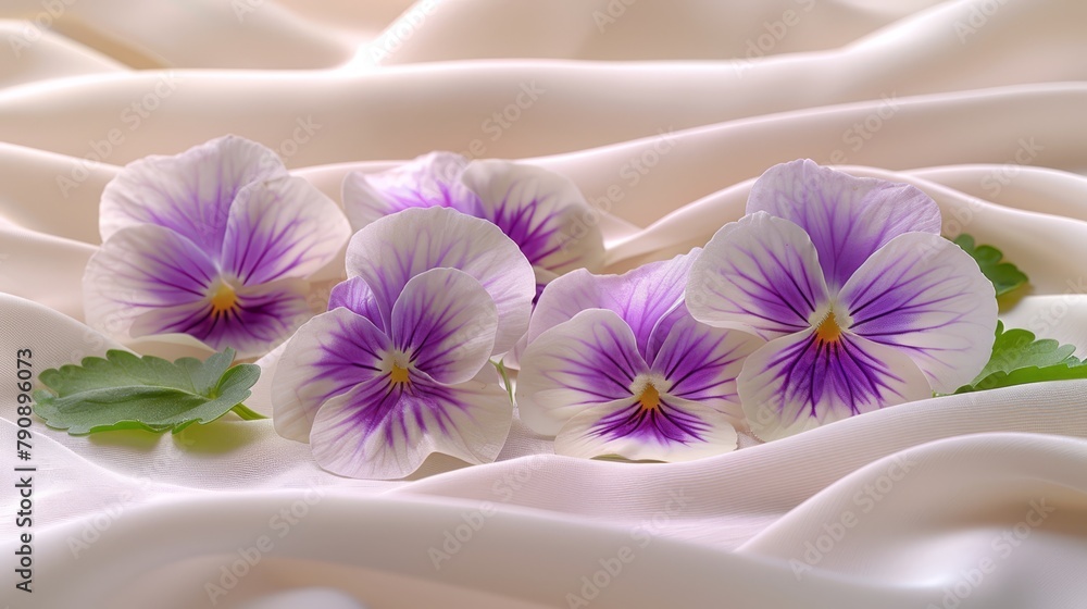 A collection of purple and white blooms atop a white satin-covered bedsheet, adorned with verdant foliage A collection of purple and white blooms atop a white satin-covered bedsheet, adorned with verdant foliage